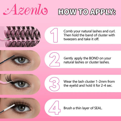Step-by-step application guide for DIY Lash Extensions Kit With 240Pcs 30D And 40D Lash Clusters, eyes with lash tools.