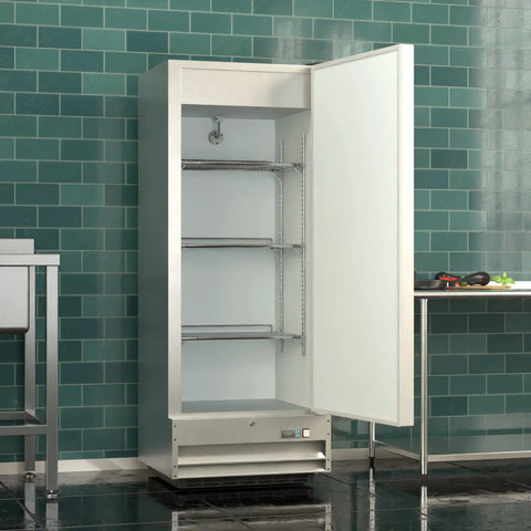 Rock Solid Heavy Duty 25 Inch Single Door Stainless Steel Commercial Freezer 11 Cubic Foot Reach In Unit with open door and wire shelves.