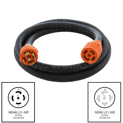 Heavy Duty Nema L2130 30 Amp Three Phase 120 208V Industrial Rubber Extension Cord 25 Feet with locked connectors.
