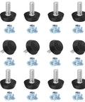 Heavy Duty 12 Pack Adjustable Furniture Levelers With M6 Thread Anti Wobble Feet, black rubber bases and steel threads, 12 pieces.