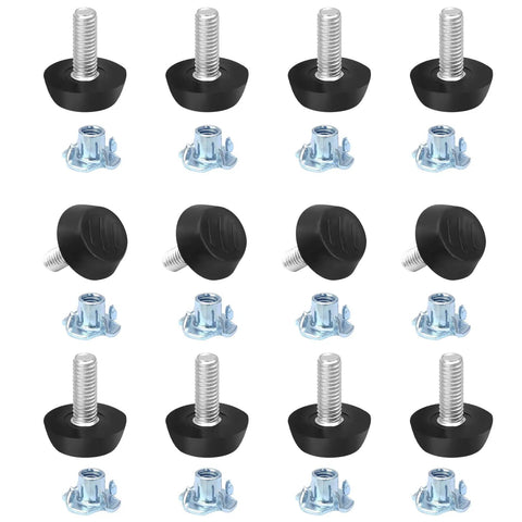 Heavy Duty 12 Pack Adjustable Furniture Levelers With M6 Thread Anti Wobble Feet, black rubber bases and steel threads, 12 pieces.