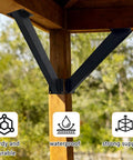 Beefy Heavy Duty 45 Degree Corner Braces For Post And Beam Wood Frame DIY Connector, mounted under gazebo roof with icons.