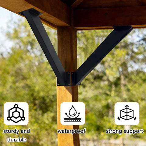 Beefy Heavy Duty 45 Degree Corner Braces For Post And Beam Wood Frame DIY Connector, mounted under gazebo roof with icons.