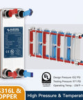 Water To Water Brazed Plate Heat Exchanger With 21 Plates And 3x8 Core Three Quarter Inch MPT Ports 316L Stainless Steel