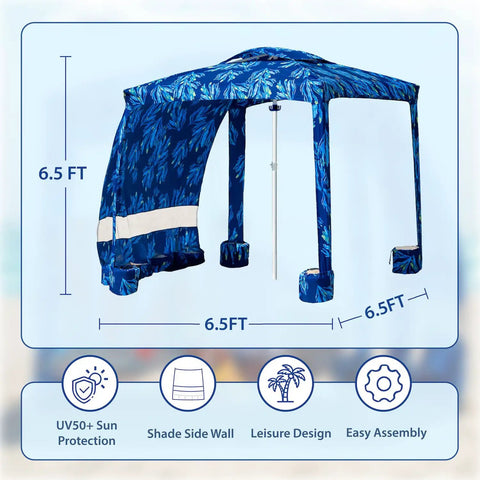 Beach Cabana Canopy 6.5 Feet By 6.5 Feet, Easy Set Up And Take Down, Portable Sun Shade With Sand Pockets And Side Wall, Water Resistant Beach Shelter In Coral Tropical in blue design