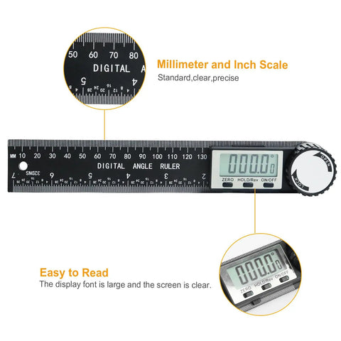 Digital Angle Ruler Protractor With 7 Inch And 200mm Scale showing LCD and scale details, ABS build for woodworking and carpentry.