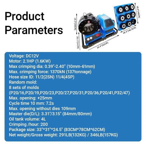 Product parameters of Portable 12V Hydraulic Hose Crimper High Pressure 137 Ton Machine with 8 Dies information display.