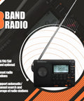 Compact Digital Shortwave Radio With AM FM SW Bands displayed with antenna and buttons on a stylish graphic background.