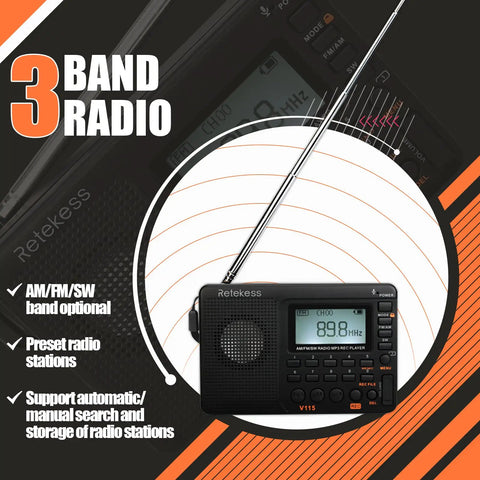 Compact Digital Shortwave Radio With AM FM SW Bands displayed with antenna and buttons on a stylish graphic background.