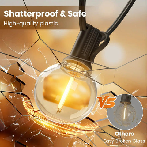 Outdoor LED String Lights 100 Ft With 52 Shatterproof G40 Vintage Edison Bulbs shatterproof plastic comparison