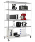 Rugged Five Tier Heavy Duty Wire Storage Rack on wheels holding kitchen appliances, rust-resistant steel with waterproof liners.