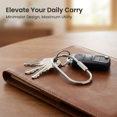 Durable Silver Stainless Steel Carabiner Key Ring With Secure Screw Lock Built To Last on leather notebook