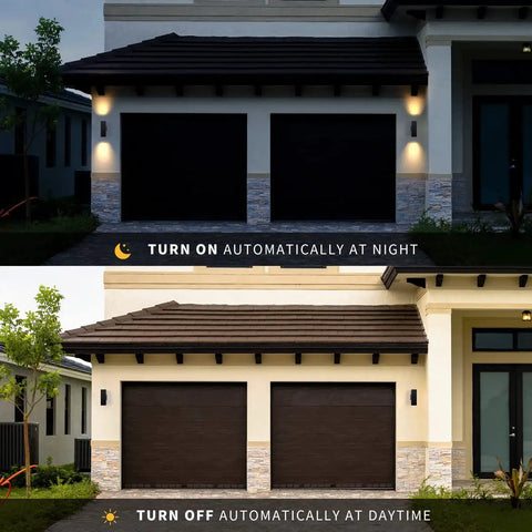 Outdoor Porch Light 2 Pack Dusk to Dawn Photocell Sensor Wall Sconces on house at night and day.