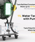 Cordless Misting Fan With 11L Tank Rechargeable Battery And 12 Inch Blade Delivers 15 Foot Mist Range showing water tank and wheels