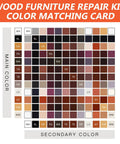Color matching card for Easy Peasy Wood Furniture Repair Kit showing 18 solid touch up colors for accurate repairs.