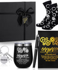 Engineers Week Gift Set For Men And Women Includes 12 Oz Stainless Steel Tumbler With Lid And Straw Socks Keychain Notebook And Pen In Gift Box For Aerospace Mechanical Electrical Civil Engineering Gearhead Approved. Black gift box, gear socks, tumbler with gear design, pen, keychain, gear notebook visible.