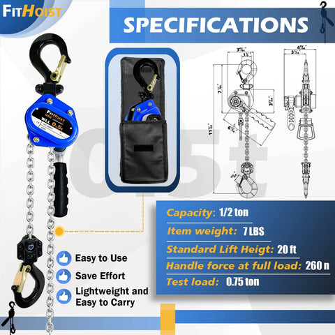 Mini Chain Hoist 1100 Lbs Capacity, 20 Ft Lift, Manual Lever Hoist with Alloy Steel G80 Chain, shown with specifications
