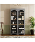 Farmhouse Two Tone 5 Tier Book Shelves And Cabinet Set in room with decor items, adjustable shelves, rustic style.