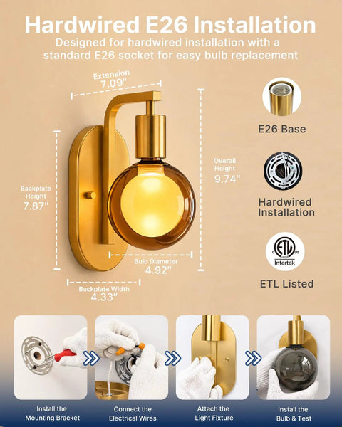 Hardwired E26 installation guide for FLSNT Wall Sconces Set of 2 with Oversized G125 LED Bulbs, 1800K Dimmable Ambient Wall Lighting.