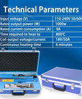 Technical parameters of Heavy Duty 1000W Flameless Handheld Induction Bolt Extractor with specifications in a blue case.