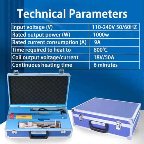 Technical parameters of Heavy Duty 1000W Flameless Handheld Induction Bolt Extractor with specifications in a blue case.