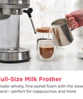 Straight Up Solid Steam Espresso Maker And Coffee Brewer With Handy Milk Frother And Cup Warmer 20 Bar Pressure, pouring milk.