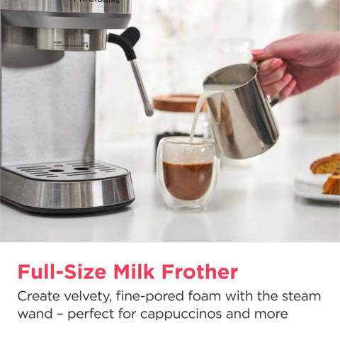 Straight Up Solid Steam Espresso Maker And Coffee Brewer With Handy Milk Frother And Cup Warmer 20 Bar Pressure, pouring milk.