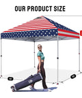 10x10 Pop Up Canopy Tent With One Push Setup No Fuss Easy Outdoor Sun Shade For Events Parties And Camping Includes Sto N Go Cover Bag Silver Coated Top And American Flag, shown with bag and dimensions