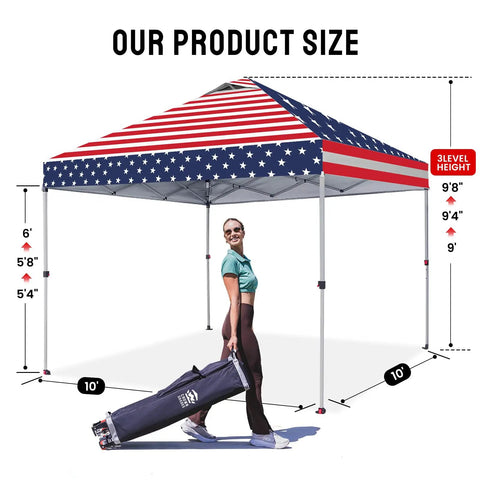 10x10 Pop Up Canopy Tent With One Push Setup No Fuss Easy Outdoor Sun Shade For Events Parties And Camping Includes Sto N Go Cover Bag Silver Coated Top And American Flag, shown with bag and dimensions