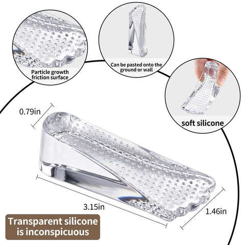 Two Pack Clear Silicone Door Stoppers Set for Floor or Wall Use showing size and soft silicone texture.