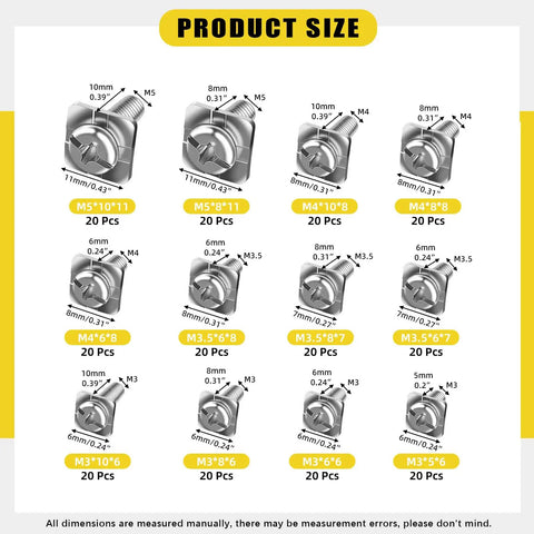 240 Piece Terminal Block Screw Set In 12 Sizes With Nickel Plated Carbon Steel And Square Washers M3 To M5 Dryer Terminal Screws For Quick Wire Fixes And DIY Wiring Projects. size chart of M3 to M5 terminal screws with square washers