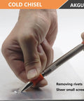 Using the Two Piece Hammerless Five Sixteenth Inch Cold Chisel And One Eighth Inch Center Punch Set for rivet removal on metal surface.