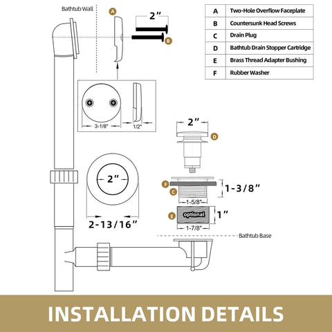 Installation diagram of Brushed Gold Tub Drain Kit With Two Hole Overflow Faceplate Bath Tub Drain Trim Set Conversion Replacement.