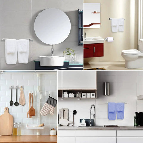 Self Adhesive Bathroom Hardware Set With 16 Inch Towel Bar Toilet Paper Holder And 3 Towel Hooks SUS304 Stainless Steel Kit in use