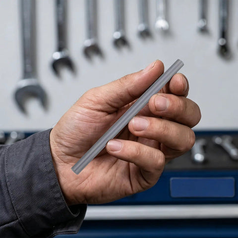 Hand holding a 5mm x 100mm stainless steel shaft rod intended for RC car axle replacement.
