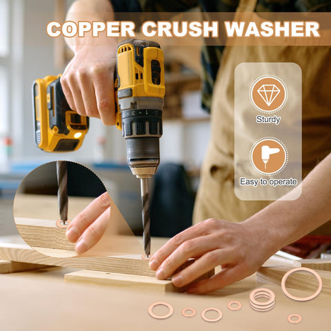 18 Piece M10 Copper Washers Set M10x16x1.5mm Copper Crush Washers being used with a drill on wood surface.