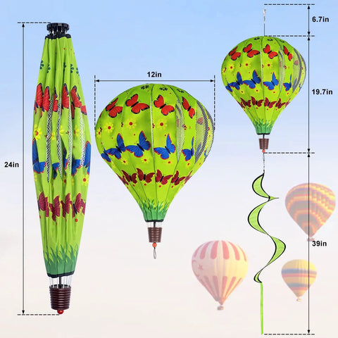 Two Pack Hot Air Balloon Wind Spinners For Outdoor Hanging Garden Decor with Butterfly Design, showing collapsible feature