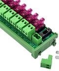 8 Channel DIN Rail Power Distribution Fuse Block For DC 5 To 32V, Plug And Play Top Wiring Terminal, Expandable System, 20A Per Channel And 20A Total, 7.62mm Pitch, Supports 26 To 10 AWG Wiring, green and pink fuse block