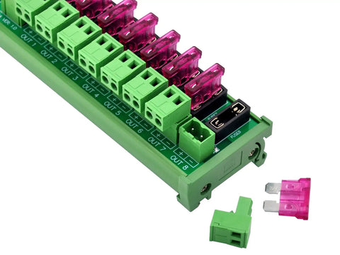 8 Channel DIN Rail Power Distribution Fuse Block For DC 5 To 32V, Plug And Play Top Wiring Terminal, Expandable System, 20A Per Channel And 20A Total, 7.62mm Pitch, Supports 26 To 10 AWG Wiring, green and pink fuse block