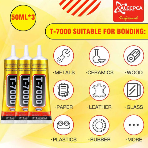 T-7000 Black Adhesive Glue 3 Pack 50ml Waterproof Bond For Precision Repairs Great For Phones Electronics Jewelry And Crafts Pro Grade Quick Set That Sticks And Lasts packaging with bonding uses icons.