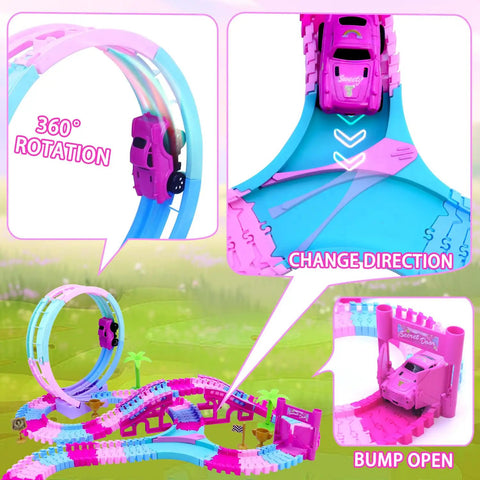Close-up of Pink 178 Piece Flexible Track Toy Set with 360° loop, bump mechanism, and directional change feature.