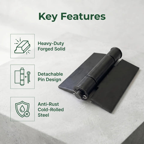 16 Piece Beefy Weld On Hinges Set Heavy Duty 3 Inch Steel Butt Hinges with key features list on concrete surface