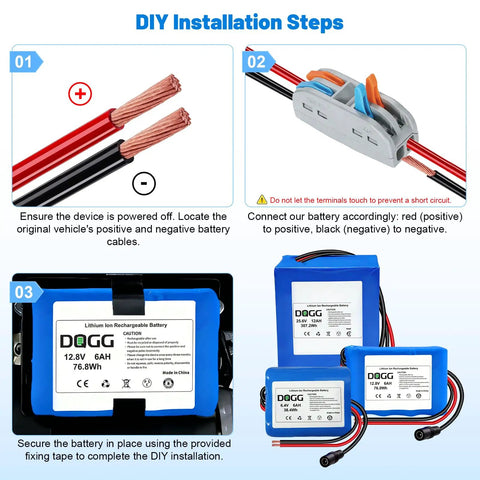 Step-by-step guide on connecting 12V 6Ah Lithium Battery With Charger For DIY Projects And Kids Ride On Cars RC Cars Robots Solar Panels And LED Lighting With Bare Leads And Pre Assembled Connector For Easy Hookup.