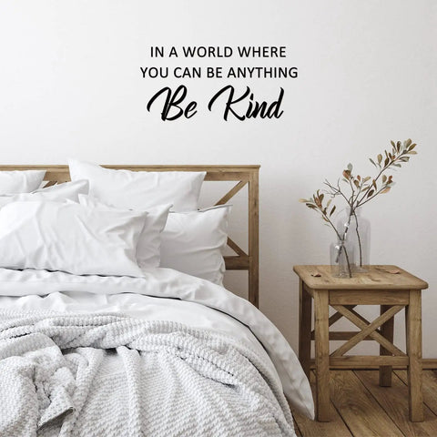 Inspiring Quotes Wall Decals Peel And Stick Vinyl Stickers For Living Room Bedroom Office And Bathroom Motivational Decor Large 12 To 14 Inch Panels with 'Be Kind' quote above bed