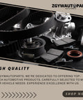 Assorted automotive parts including belts, seals, and mechanical components on a dark surface, labeled 'High Quality'.