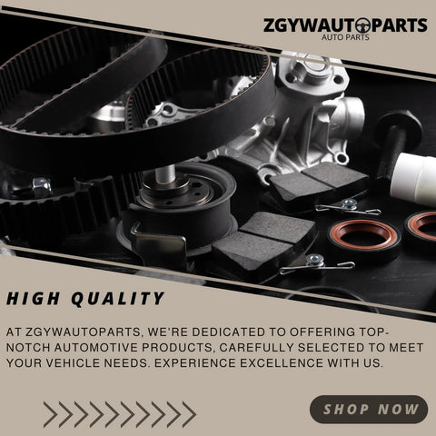 Assorted automotive parts including belts, seals, and mechanical components on a dark surface, labeled 'High Quality'.