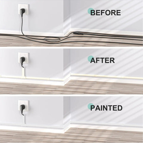 Three images showing before and after using 254 Inch Cord Hider for Wall Wires and TV Cables Easy Cable Management