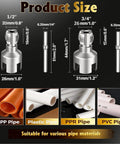 Product size chart showing dies and pipes compatibility for Everything You Need for PVC Pipe Threading Kit 7 Pack Rethreading Set