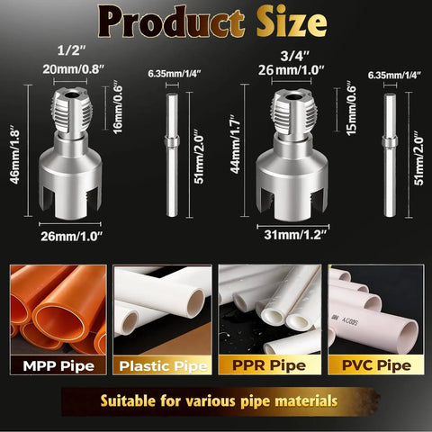 Product size chart showing dies and pipes compatibility for Everything You Need for PVC Pipe Threading Kit 7 Pack Rethreading Set