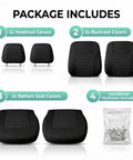 Package contents: 2 headrest covers, 2 backrest covers, 2 bottom seat covers, installation hardware; Premium 3D Air Mesh Front Seat Covers Set for Cars, Trucks, and SUVs, Airbag Compatible, Universal Fit, Black, Easy Install With Hook And Loop Straps, Durable Interior Upgrade for a Sleek, Clean Look and Quick Refresh